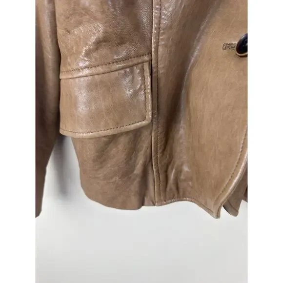 Leather Blazer Jacket with Mao Collar, Front Pockets – Brown Approx. Size M - Picture 5 of 15